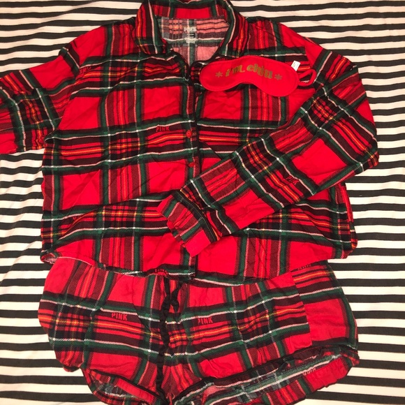 VS Pink Holiday Plaid PJ Set W/Eye Mask in Medium - Picture 1 of 8